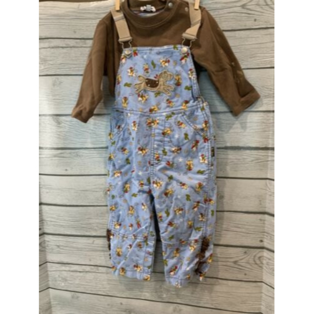 Le Top Baby Boy Cowboy Western Blue Corduroy Overalls Fringed SZ 18 M & Shirt